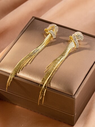 1pair Golden Fashionable Water Droplet Design Long Tassel Clip On Earrings With Rhinestone Decor 2023 New Fashion Ear Ornament For Women's Birthday Gift