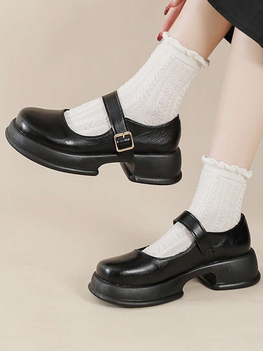 時尚厚鞋底學院風瑪麗珍鞋 - 黑色 - 查看 1