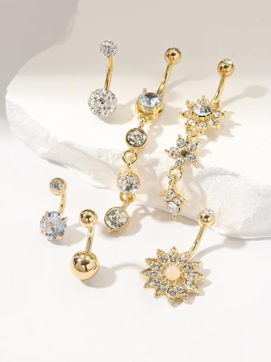 6入組時髦立方氧化鋯花朵設計肚臍環套裝,情人節禮品適合女士 - 金黃色 - 查看 1