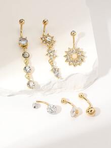 6入組時髦立方氧化鋯花朵設計肚臍環套裝,情人節禮品適合女士 - 金黃色 - 查看 2