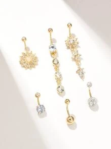 6入組時髦立方氧化鋯花朵設計肚臍環套裝,情人節禮品適合女士 - 金黃色 - 查看 3