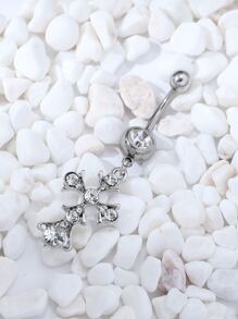 1pc Silver Casual & Fashionable Cross Design Belly Button Ring Set With Rhinestones, Suitable For Ladies' Birthday Parties - Silver - View 3