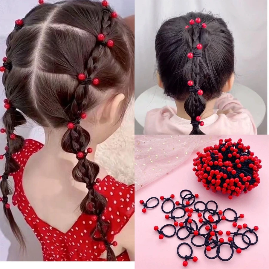 50pcs Children's Black & Red Beaded Hair Ties