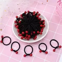 50pcs Children's Black & Red Beaded Hair Ties