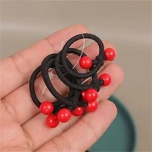 50pcs Children's Black & Red Beaded Hair Ties