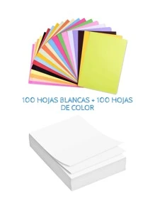 Paquete 100 hojas blancas + 100 hojas de color, paquete escolar, hojas multiusos, papel para escribir - Multicolor - Ver 1