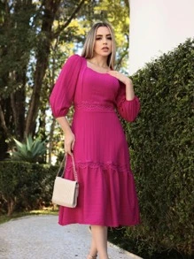 vestido feminina social midi com detalhes gripir /manga3/4/moda evangelica - Pink - Visão 4