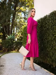 vestido feminina social midi com detalhes gripir /manga3/4/moda evangelica - Pink - Visão 5