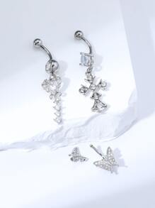 3 件银色奢华水钻镶嵌心形、蝴蝶形和十字形肚脐环，适合女士生日、派对 - 銀色 - 查看 3