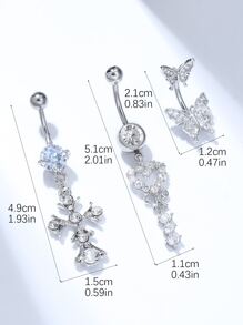 3 件银色奢华水钻镶嵌心形、蝴蝶形和十字形肚脐环，适合女士生日、派对 - 銀色 - 查看 4