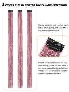 3入組夾式髮絲套裝，耐熱閃光金屬絲接發，帶夾子，仙女發閃閃髮絲節日禮品派對炫目髮飾，適合女式女孩兒童 - 粉色 - 查看 5