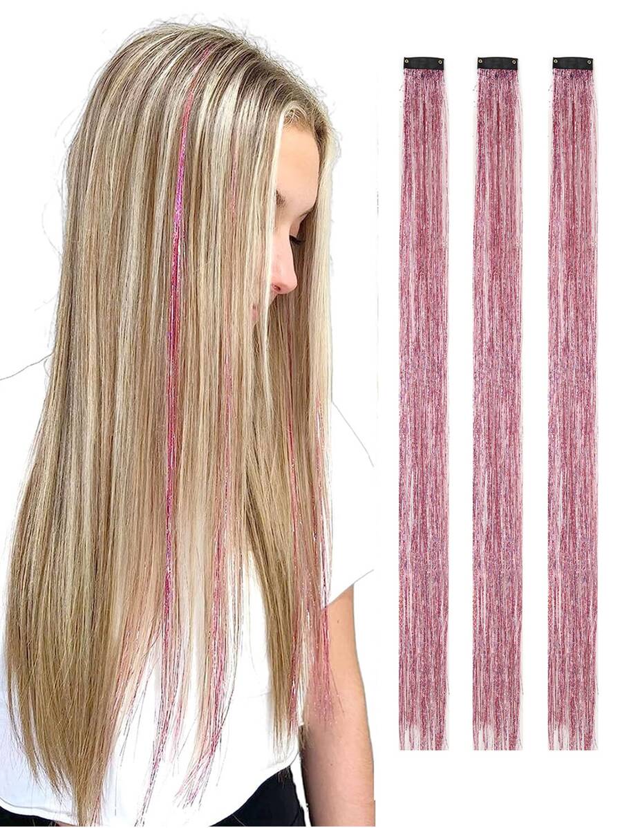 3入組夾式髮絲套裝，耐熱閃光金屬絲接發，帶夾子，仙女發閃閃髮絲節日禮品派對炫目髮飾，適合女式女孩兒童 - 粉色 - 查看 1