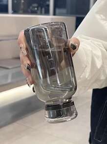 1pc Car Cup Glass Water Bottle With Large Capacity Scale, High-temperature Resistance, Dual-cover, Straw, Fruit Tea Cup, Outdoors Lovers Milk Cup, Available In 350ml/450ml/750ml, Transparent Color And Grey