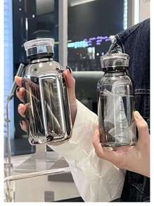 1pc Car Cup Glass Water Bottle With Large Capacity Scale, High-temperature Resistance, Dual-cover, Straw, Fruit Tea Cup, Outdoors Lovers Milk Cup, Available In 350ml/450ml/750ml, Transparent Color And Grey