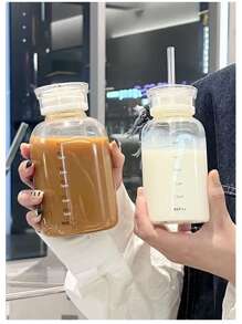 1pc Car Cup Glass Water Bottle With Large Capacity Scale, High-temperature Resistance, Dual-cover, Straw, Fruit Tea Cup, Outdoors Lovers Milk Cup, Available In 350ml/450ml/750ml, Transparent Color And Grey