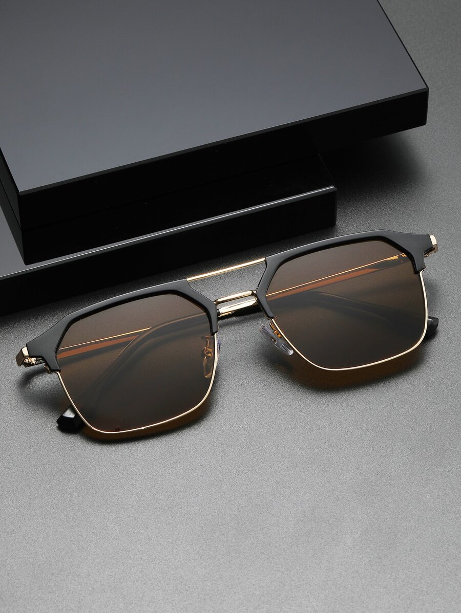 1pc Square Metallic Decor Pilot Style Fashion Sunglasses Elegant Sunglasses Sun Glasses Beach Accessories Sun Glasses Sunglasses Shades For Summer Beach Vacation,Outdoor,Travel - 棕色 - 查看 1