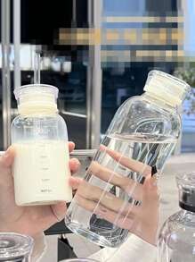 1pc Car Cup Glass Water Bottle With Large Capacity Scale, High-temperature Resistance, Dual-cover, Straw, Fruit Tea Cup, Outdoors Lovers Milk Cup, Available In 350ml/450ml/750ml, Transparent Color And Grey