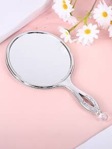 1pc Simple And Fashionable Diamond Handheld Cosmetic Abs Mirror With Handle - Silver - View 2