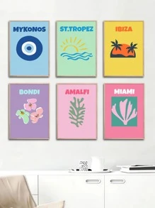 6件套旅行海報簡約鄉村城市標誌畫米科諾斯伊維薩邁阿密邦迪特羅佩符號帆布印刷牆畫客廳臥室家居裝飾 - 杏色 - 查看 1