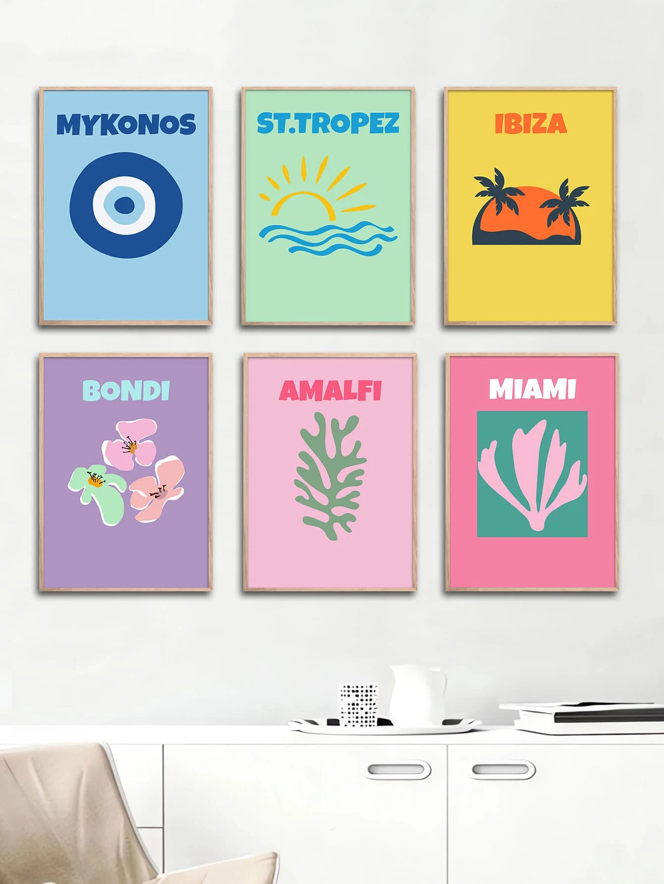 6件套旅行海報簡約鄉村城市標誌畫米科諾斯伊維薩邁阿密邦迪特羅佩符號帆布印刷牆畫客廳臥室家居裝飾 - 杏色 - 查看 1