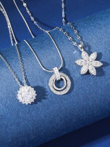 Hihho 3 件套精致时尚方晶锆石花朵和向日葵形状戒指吊坠项链套装，适合女士，派对礼物情人节、妈妈、母亲、母亲节、礼物 - 銀色 - 查看 7