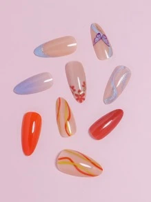 96片（4套）蝴蝶和花卉設計的中號杏形人造假指甲，拼貼裝飾，高光光澤假指甲貼片，女士女孩DIY美甲必備，附可重複使用的收納盒，美甲用品 - 黑與白 - 查看 3