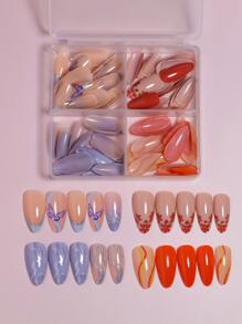 96片（4套）蝴蝶和花卉設計的中號杏形人造假指甲，拼貼裝飾，高光光澤假指甲貼片，女士女孩DIY美甲必備，附可重複使用的收納盒，美甲用品 - 黑與白 - 查看 2