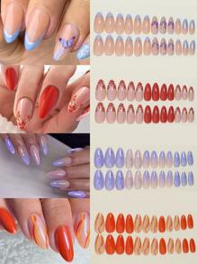 96片（4套）蝴蝶和花卉設計的中號杏形人造假指甲，拼貼裝飾，高光光澤假指甲貼片，女士女孩DIY美甲必備，附可重複使用的收納盒，美甲用品 - 黑與白 - 查看 1