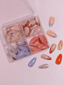 96片（4套）蝴蝶和花卉設計的中號杏形人造假指甲，拼貼裝飾，高光光澤假指甲貼片，女士女孩DIY美甲必備，附可重複使用的收納盒，美甲用品 - 黑與白 - 查看 4