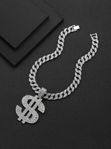 Collar con colgante de signo de dólar de diamantes de imitación para hombre, cadena cubana de estilo Punk Hip Pop, para regalo de joyería y fiesta - Plateado - Ver 2