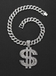 Collar con colgante de signo de dólar de diamantes de imitación para hombre, cadena cubana de estilo Punk Hip Pop, para regalo de joyería y fiesta - Plateado - Ver 4