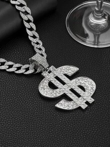 Collar con colgante de signo de dólar de diamantes de imitación para hombre, cadena cubana de estilo Punk Hip Pop, para regalo de joyería y fiesta - Plateado - Ver 6