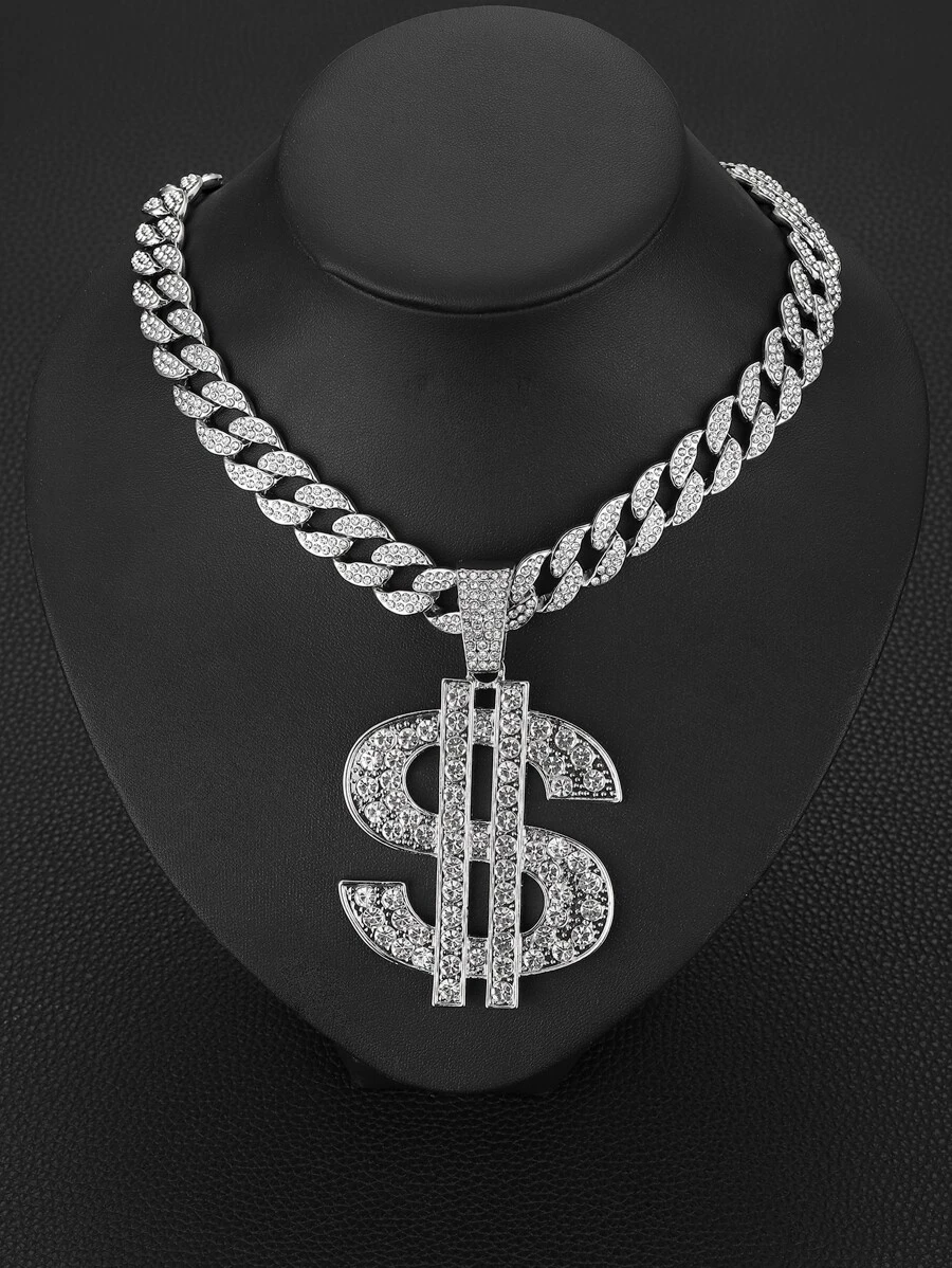 Collar con colgante de signo de dólar de diamantes de imitación para hombre, cadena cubana de estilo Punk Hip Pop, para regalo de joyería y fiesta - Plateado - Ver 1