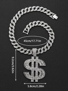 Collar con colgante de signo de dólar de diamantes de imitación para hombre, cadena cubana de estilo Punk Hip Pop, para regalo de joyería y fiesta - Plateado - Ver 3