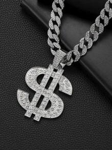 Collar con colgante de signo de dólar de diamantes de imitación para hombre, cadena cubana de estilo Punk Hip Pop, para regalo de joyería y fiesta - Plateado - Ver 5