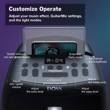 DOSS PartyBoom Loud Bluetooth Speaker with 60W Powerful Stereo Sound and Punchy Bass, Mixed Colors Lights, Splash Proof Design, PartySync, Mic and Guitar Inputs, Outdoor Speaker for Beach and Poolside Party - Black - View 10