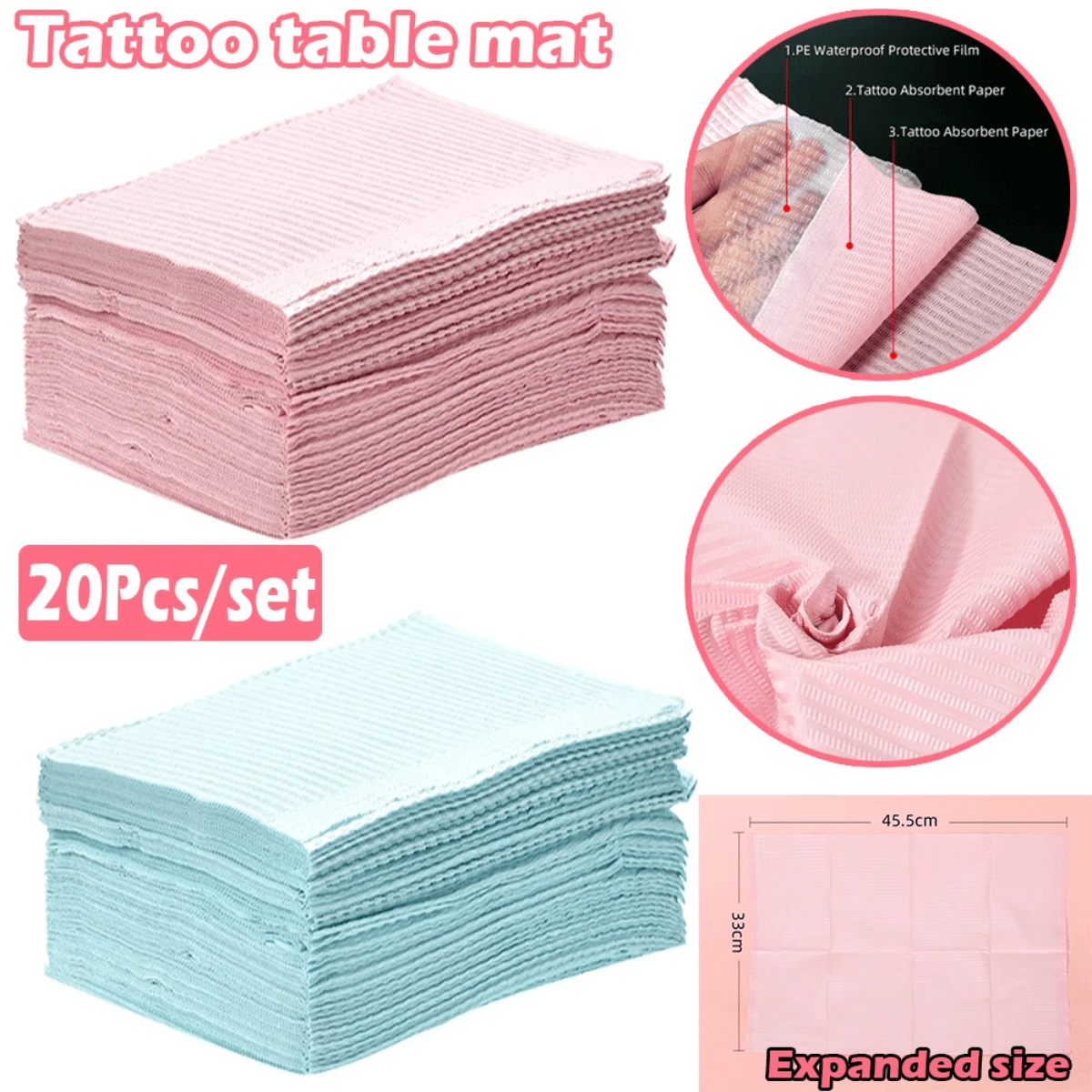 Bộ 20 miếng/bộ miếng lót vệ sinh hình xăm dùng một lần, miếng lót vệ sinh hình xăm chống thấm nước, phụ kiện hình xăm làm đẹp, yếm hình xăm - Hồng - Xem 1