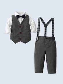三件套婴儿服装套装 - 白色衬衫、灰色背心和带领结的裤子，适合生日派对、婚礼、节日和婴儿派对等场合。