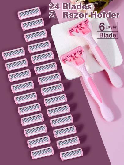 2 Handle+24 Blades/ Manual Women Body Bikini Hair Removal Shaving 6-Layer Stainless Steel Blade Replaceable Pink Razor Blades, Hair Products And Accessories For Barber Salon Beauty Travel Essentials