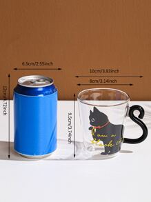 1 Stück kreative Katzen Muster bedruckte Glas Tasse mit Griff, japanischer Stil Trinkglas für Milch, Kaffee, Frühstück - Schwarz - Übersicht 2