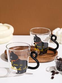 1 Stück kreative Katzen Muster bedruckte Glas Tasse mit Griff, japanischer Stil Trinkglas für Milch, Kaffee, Frühstück - Schwarz - Übersicht 4