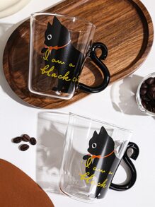 1 Stück kreative Katzen Muster bedruckte Glas Tasse mit Griff, japanischer Stil Trinkglas für Milch, Kaffee, Frühstück - Schwarz - Übersicht 3