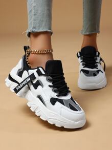 2023 Giày thể thao lưới thoáng khí trong nhà/ngoài trời thời trang thông thường dành cho nữ mới xuất hiện với thiết kế dệt chữ, khóa buộc dây, đế dày và giày thể thao Chunky, thích hợp cho các cặp đôi, mùa xuân/thu - Đen và trắng - Xem 3