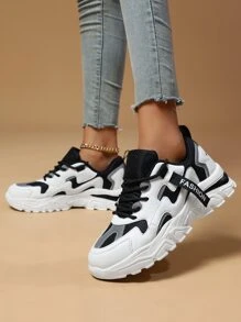 2023 Giày thể thao lưới thoáng khí trong nhà/ngoài trời thời trang thông thường dành cho nữ mới xuất hiện với thiết kế dệt chữ, khóa buộc dây, đế dày và giày thể thao Chunky, thích hợp cho các cặp đôi, mùa xuân/thu - Đen và trắng - Xem 6