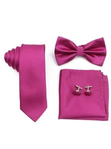 ZLQ&GOU 1 件男士深红色领带套装，含领带、领结、口袋巾和袖扣，适合商务、婚礼和派对装扮休闲男士领带 - 玫紅色 - 查看 3