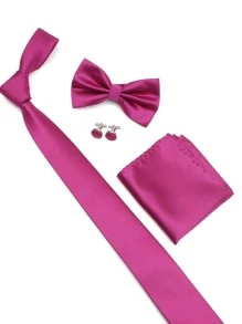 ZLQ&GOU 1 件男士深红色领带套装，含领带、领结、口袋巾和袖扣，适合商务、婚礼和派对装扮休闲男士领带 - 玫紅色 - 查看 4