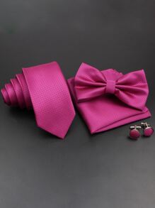 ZLQ&GOU 1 件男士深红色领带套装，含领带、领结、口袋巾和袖扣，适合商务、婚礼和派对装扮休闲男士领带 - 玫紅色 - 查看 1