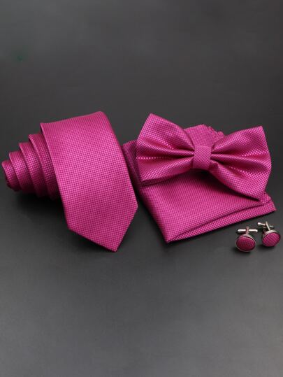 ZLQ&GOU 1pc Men Deep Red Tie Set With Tie, Necktie, Pocket Square And Cufflinks For Business, Wedding And Party Dress-Up Casual Men Necktie