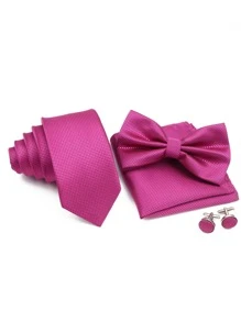 ZLQ&GOU 1 件男士深红色领带套装，含领带、领结、口袋巾和袖扣，适合商务、婚礼和派对装扮休闲男士领带 - 玫紅色 - 查看 2