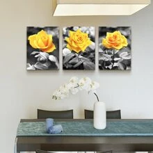Canvas Wall Art For Bedroom Living Room Bathroom Wall Decor For Kitchen Family Pictures Artwork Black And White Yellow Rose Flowers Paintings 12" X 16" 3 Pieces Framed Modern Office Home Decorations - 黃色 - 查看 6